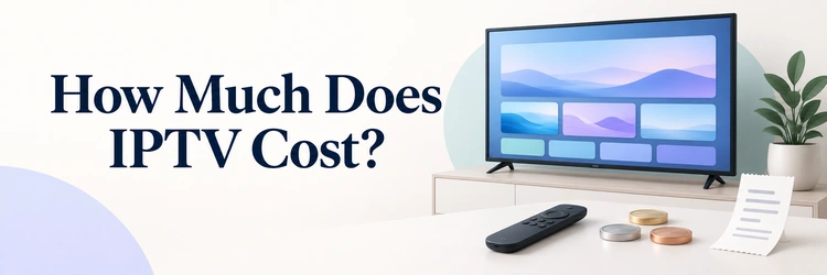IPTV cost guide beside a television remote and illustrated coins