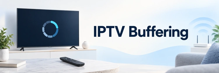 IPTV Buffering on a television beside a remote and network symbols