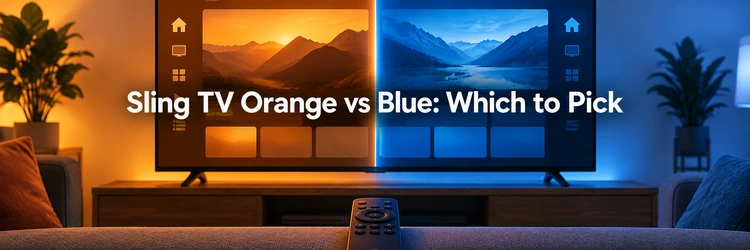 Sling TV Orange and Blue plans compared on a split-screen television