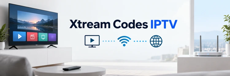 Xtream Codes IPTV login concept with a television and connected devices